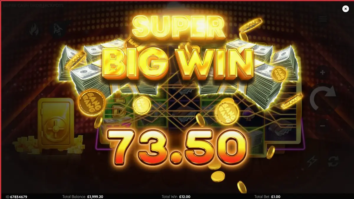 Tampilan visual neon dari slot Super Cash Drop Jackpots dengan simbol uang dan brankas.