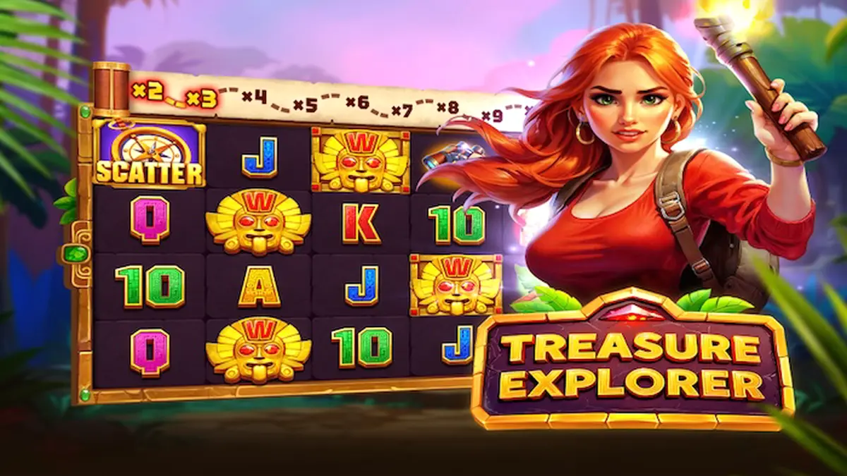 Pemandangan hutan kuno dengan elemen petualangan dalam slot Treasure Explorer